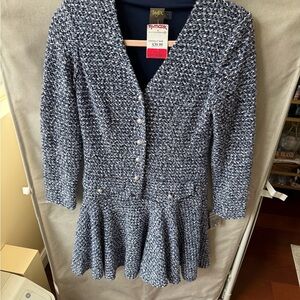 Taylor Tweed Knit Peplum Dress Jacket in Navy & White